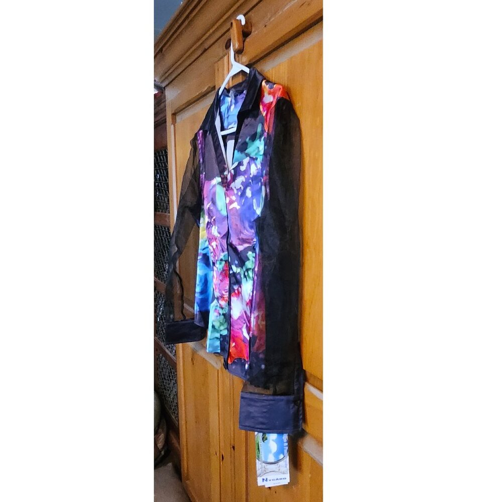 NEW Bianca Nygard Water Colored Blouse Sheer Black Sleeves Petite Size 6P - Picture 5 of 7